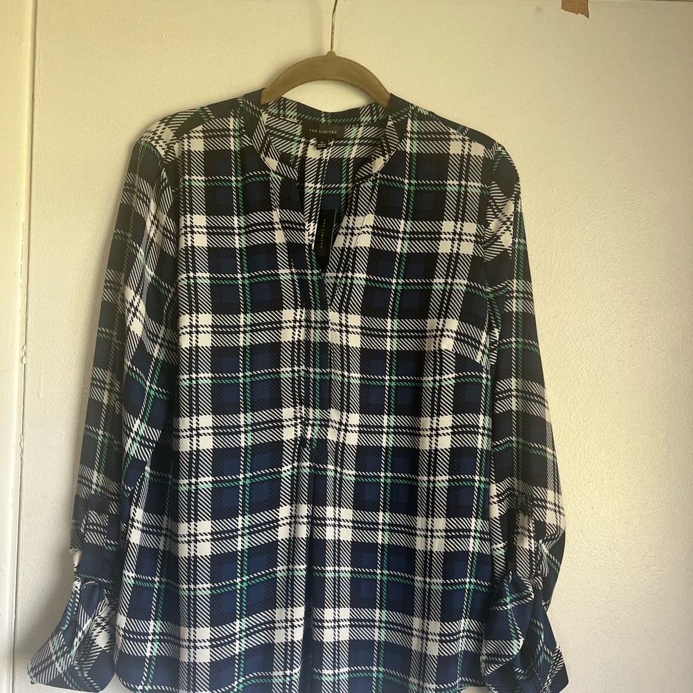 The Limited Womens Popover Long Sleeve Top Blue Green Plaid Sz Medium Casual